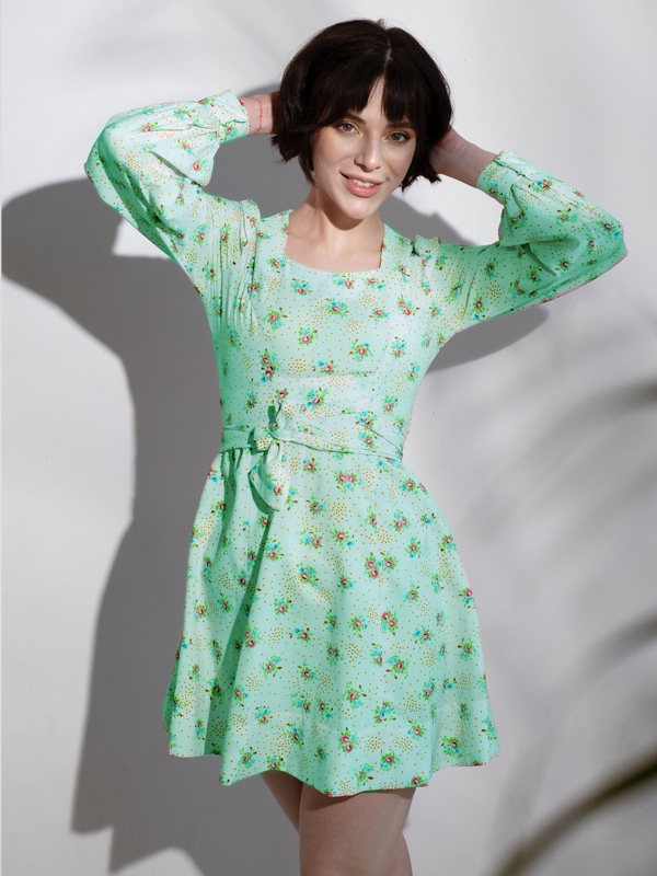 Cheerful young woman trendy dress 10049501